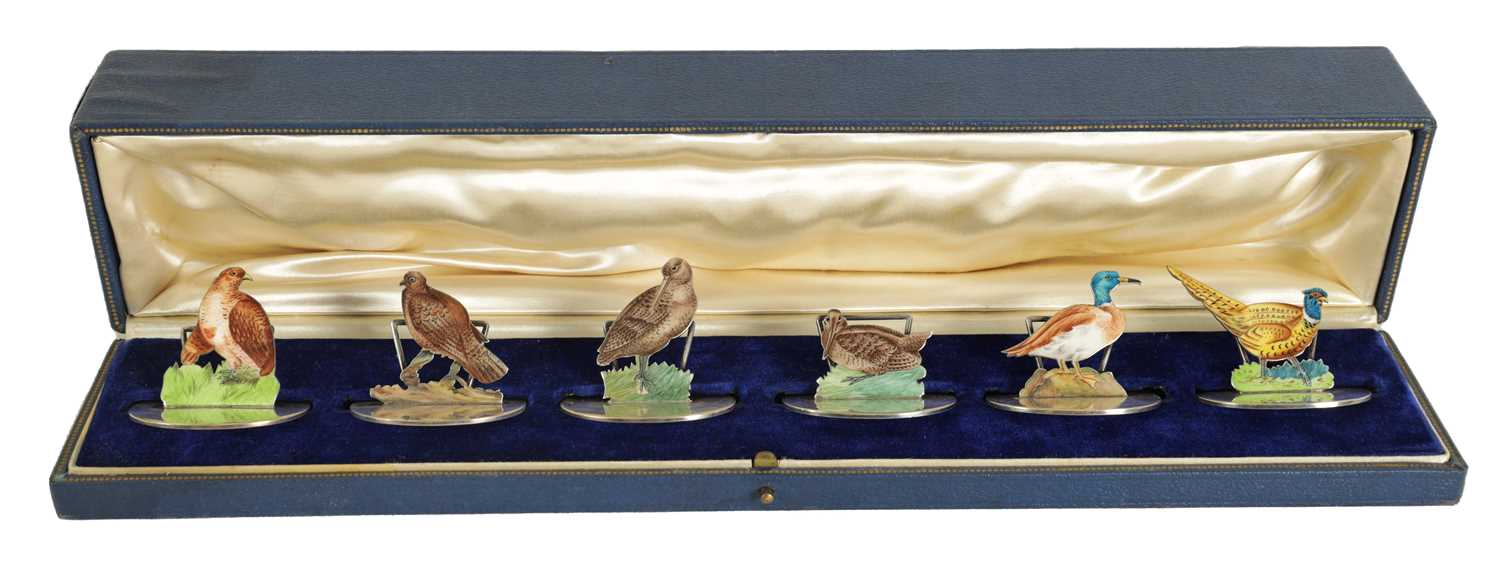 Lot 335 - A FINE CASED SET OF SILVER AND ENAMEL GAMEBIRD MENU HOLDERS