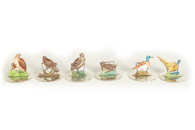 Lot 335 - A FINE CASED SET OF SILVER AND ENAMEL GAMEBIRD MENU HOLDERS