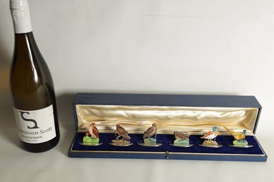 Lot 335 - A FINE CASED SET OF SILVER AND ENAMEL GAMEBIRD MENU HOLDERS