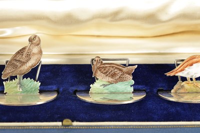 Lot 335 - A FINE CASED SET OF SILVER AND ENAMEL GAMEBIRD MENU HOLDERS