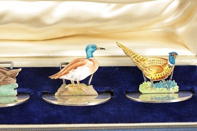 Lot 335 - A FINE CASED SET OF SILVER AND ENAMEL GAMEBIRD MENU HOLDERS