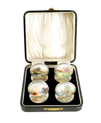 Lot 455 - A CASED SET OF FOUR SILVER AND GUILLOCHE ENAMEL MENU HOLDERS