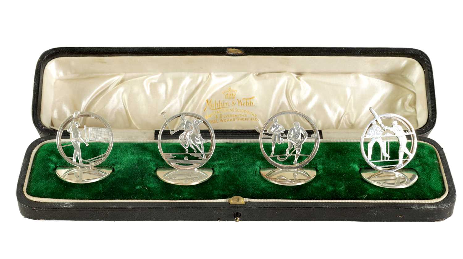 Lot 332 - A CASED SET OF FOUR SILVER SPORTING SCENE MENU HOLDERS