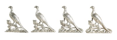 Lot 444 - A SET OF FOUR LARGE CAST SILVER PHEASANT ON BRANCHWORK MENU HOLDERS