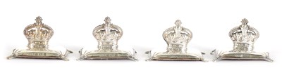 Lot 382 - A SET OF FOUR LATE VICTORIAN CORONATION CROWN ON CUSHION DOUBLE SIDED SILVER MENU HOLDERS