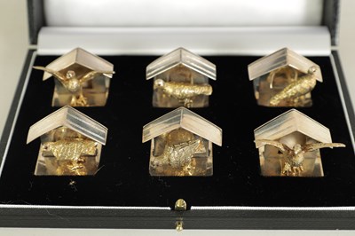 Lot 373 - A FINE CASED SET OF SIX SILVER GILT DOVE MENU HOLDERS