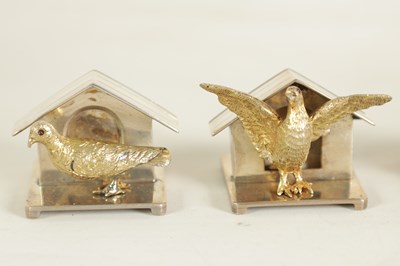 Lot 373 - A FINE CASED SET OF SIX SILVER GILT DOVE MENU HOLDERS