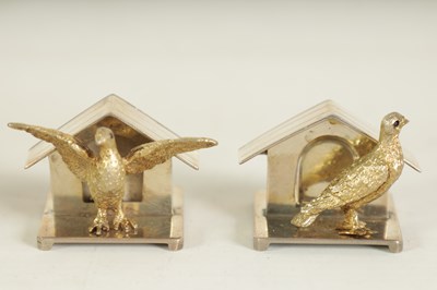 Lot 373 - A FINE CASED SET OF SIX SILVER GILT DOVE MENU HOLDERS