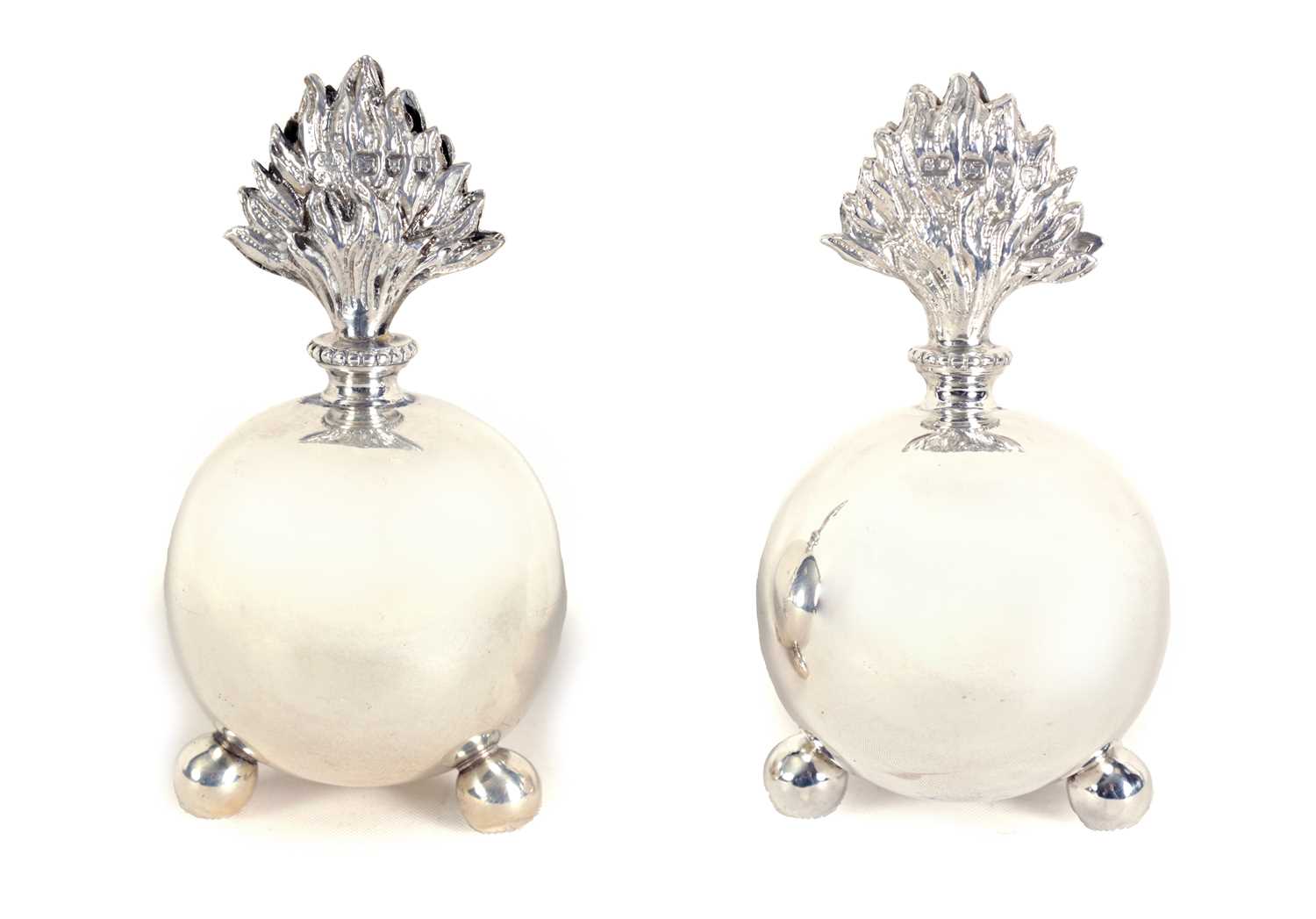 Lot 387 - A PAIR OF LATE 19TH CENTURY SILVER GRENADE MENU HOLDERS