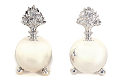 Lot 387 - A PAIR OF LATE 19TH CENTURY SILVER GRENADE MENU HOLDERS