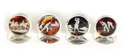 Lot 412 - A CASED SET OF FOUR SILVER AND TORTOISESHELL SPORTING SCENE MENU HOLDERS