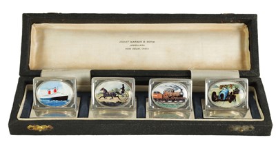 Lot 449 - A CASED SET OF FOUR SILVER AND PORCELAIN TRANSPORT MENU HOLDERS