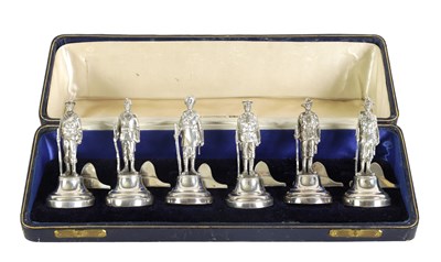 Lot 401 - A LARGE AND RARE CASED COMPLETE SET OF SIX SILVER 'SOLDIERS OF THE EMPIRE' FIGURAL MENU HOLDERS