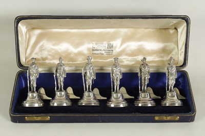 Lot 401 - A LARGE AND RARE CASED COMPLETE SET OF SIX SILVER 'SOLDIERS OF THE EMPIRE' FIGURAL MENU HOLDERS