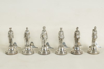 Lot 401 - A LARGE AND RARE CASED COMPLETE SET OF SIX SILVER 'SOLDIERS OF THE EMPIRE' FIGURAL MENU HOLDERS