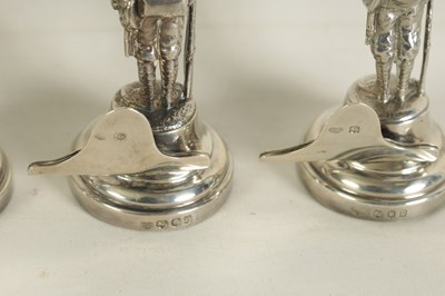 Lot 401 - A LARGE AND RARE CASED COMPLETE SET OF SIX SILVER 'SOLDIERS OF THE EMPIRE' FIGURAL MENU HOLDERS