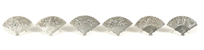 Lot 388 - A SET OF SIX 19TH CENTURY CHINESE SILVER FAN MENU HOLDERS