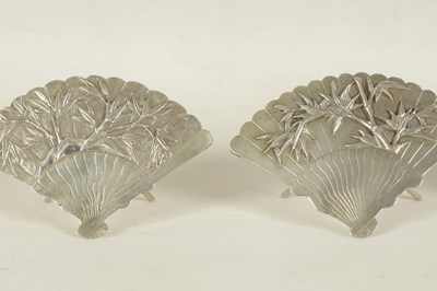 Lot 388 - A SET OF SIX 19TH CENTURY CHINESE SILVER FAN MENU HOLDERS