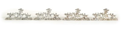 Lot 338 - A SET OF FOUR LARGE CAST SILVER HUNTING SCENE MENU HOLDERS