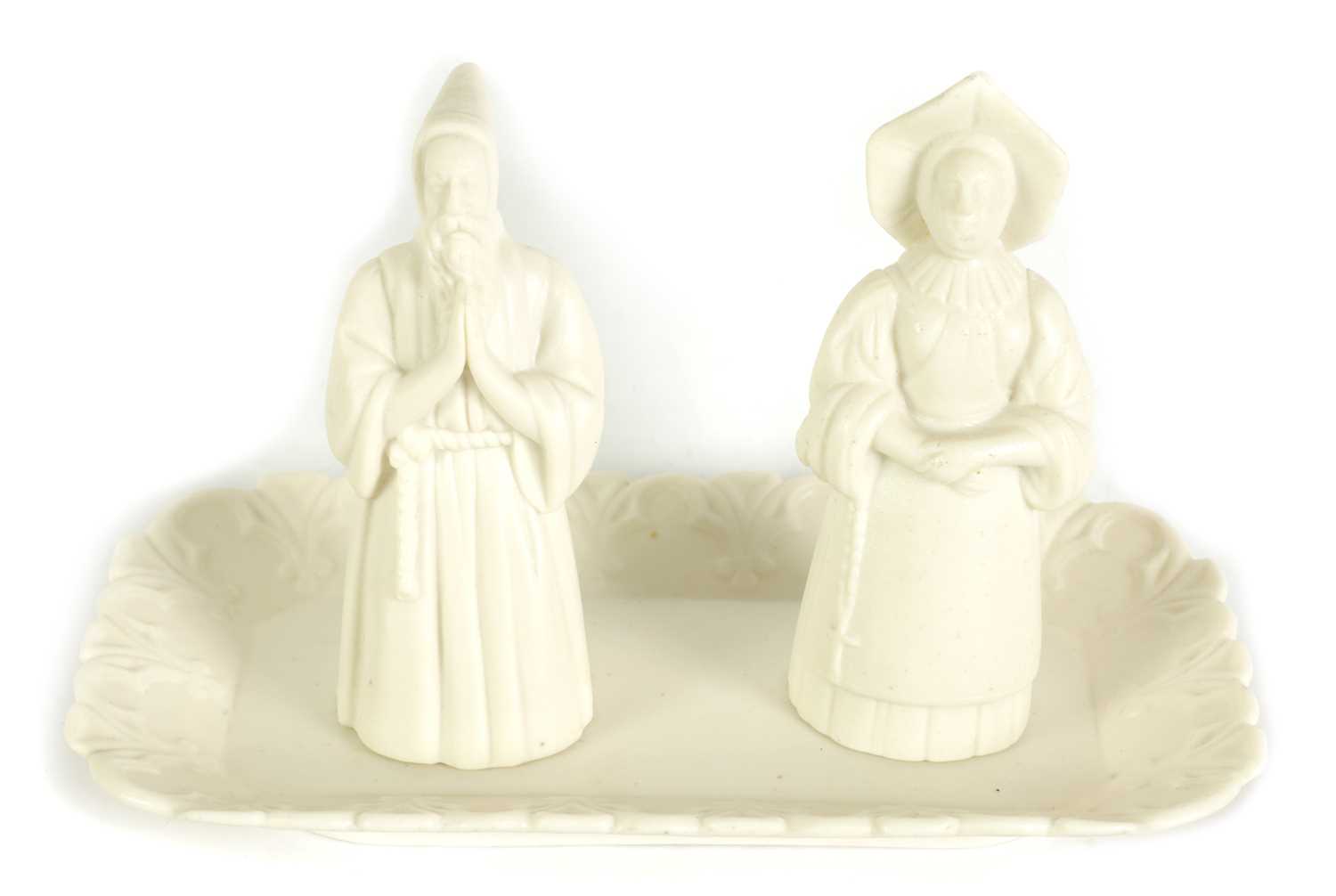 Lot 30 - MONK AND NUN ON TRAY. A PARIAN MINTON GROUP OF CANDLE EXTINGUISHERS