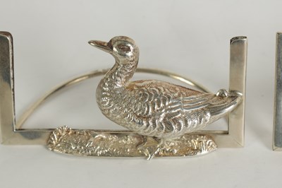 Lot 414 - A PAIR OF LARGE EMBOSSED SILVER DUCK MENU HOLDERS