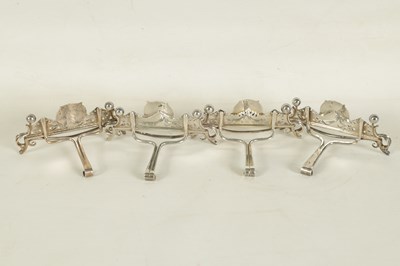 Lot 431 - A SET OF FOUR OMAR RAMSDEN SILVER ARTS AND CRAFTS MENU HOLDERS