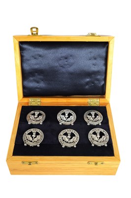 Lot 363 - A BOXED SET OF SIX LATE 19TH CENTURY 'ORDER OF ST ANDREW' SILVER MENU HOLDERS