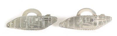 Lot 371 - A LARGE PAIR OF SILVER WWI TANK MENU HOLDERS