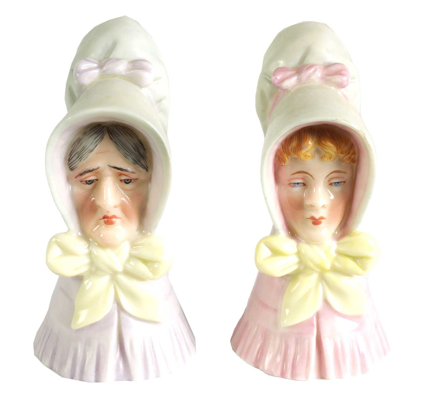 Lot 22 - OLD WOMAN AND YOUNG GIRL TWO ROYAL WORCESTER CANDLE EXTINGUISHERS