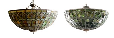 Lot 598 - TWO SIMILAR LOEVSKY & LOEVSKY WHITE METAL CASTING CORPORATION U.S.A. TIFFANY STYLE OVERSIZED LAMP SHADES