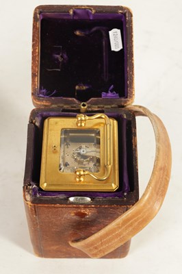 Lot 727 - A GOOD LATE 19TH CENTURY FRENCH GILT BRASS REPEATING CARRIAGE CLOCK WITH ORIGINAL LEATHER CARRYING CASE