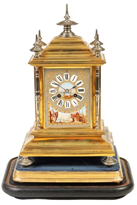 Lot 747 - A 19TH CENTURY PORCELAIN PANELLED FRENCH SILVERED AND GILT BRASS MANTEL CLOCK