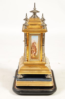 Lot 747 - A 19TH CENTURY PORCELAIN PANELLED FRENCH SILVERED AND GILT BRASS MANTEL CLOCK