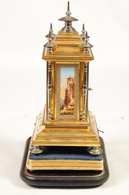 Lot 747 - A 19TH CENTURY PORCELAIN PANELLED FRENCH SILVERED AND GILT BRASS MANTEL CLOCK