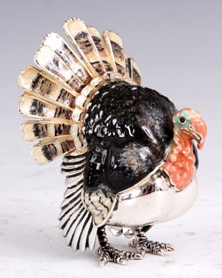 Lot 139 - A SILVER AND BLACK ENAMEL TURKEY with pink...