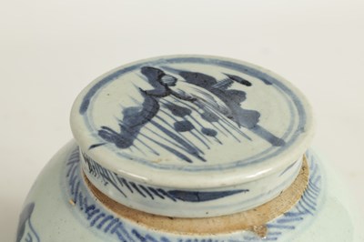 Lot 191 - TWO LATE MING CHINESE BLUE AND WHITE STONEWARE GINGER JARS AND COVERS