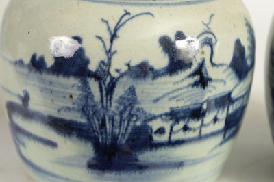 Lot 191 - TWO LATE MING CHINESE BLUE AND WHITE STONEWARE GINGER JARS AND COVERS
