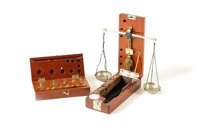 Lot 411 - A CASED SET OF FOLDING JEWELLERY SCALES TOGETHER THE A SET OF OERTLING WEIGHTS