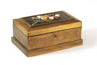 Lot 583 - A 19TH CENTURY FRENCH BRASS AND PIETRA DURA INLAID JEWELLERY CASKET