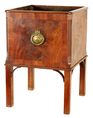 Lot 1024 - A GEORGE III CROSS-BANDED AND FIGURED MAHOGANY SQUARE WINE COOLER