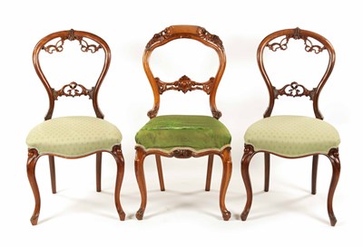 Lot 1089 - A 19TH CENTURY CARVED WALNUT NURSING CHAIR TOGETHER WITH A PAIR OF CARVED WALNUT SIDE CHAIRS