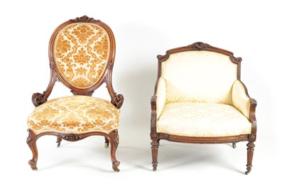 Lot 316 - A 19TH CENTURY CARVED WALNUT DRAWING ROOM CHAIR TOGETHER WITH A 19TH CENTURY FRENCH SALON CHAIR