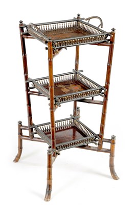 Lot 241 - A JAPANESE MEIJI PERIOD LAQUERWORK AND BAMBOO FOLDING THREE TIER WHAT-NOT