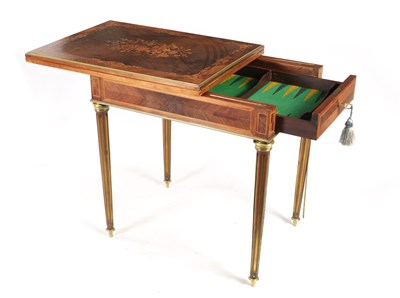 Lot 940 - A 19TH CENTURY FRENCH MARQUETRY FIGURED ROSEWOOD AND KINGWOOD GAMES TABLE