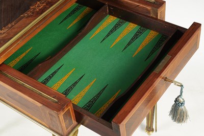 Lot 940 - A 19TH CENTURY FRENCH MARQUETRY FIGURED ROSEWOOD AND KINGWOOD GAMES TABLE