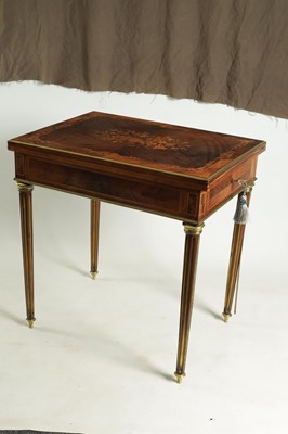 Lot 940 - A 19TH CENTURY FRENCH MARQUETRY FIGURED ROSEWOOD AND KINGWOOD GAMES TABLE