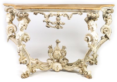 Lot 955 - AN 18TH CENTURY ITALIAN PAINTED CARVED WOOD SERPENTINE SHAPED CONSOLE TABLE IN THE ROCOCO MANNER