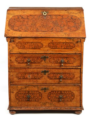 Lot 912 - AN EARLY 18TH CENTURY WALNUT AND FLORAL MARQUETRY PANELLED BUREAU OF SMALL SIZE