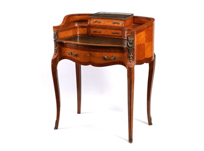 Lot 1047 - A 20TH CENTURY FRENCH LOUIS XVI STYLE KINGWOOD AND ROSEWOOD CROSS-BANDED SHAPED LADIES WRITING DESK