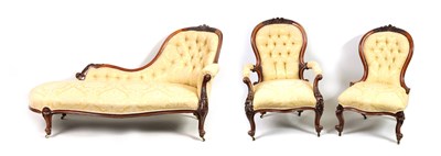 Lot 981 - A VICTORIAN THREE-PIECE BUTTON UPHOLSTERED DRAWING ROOM SUITE